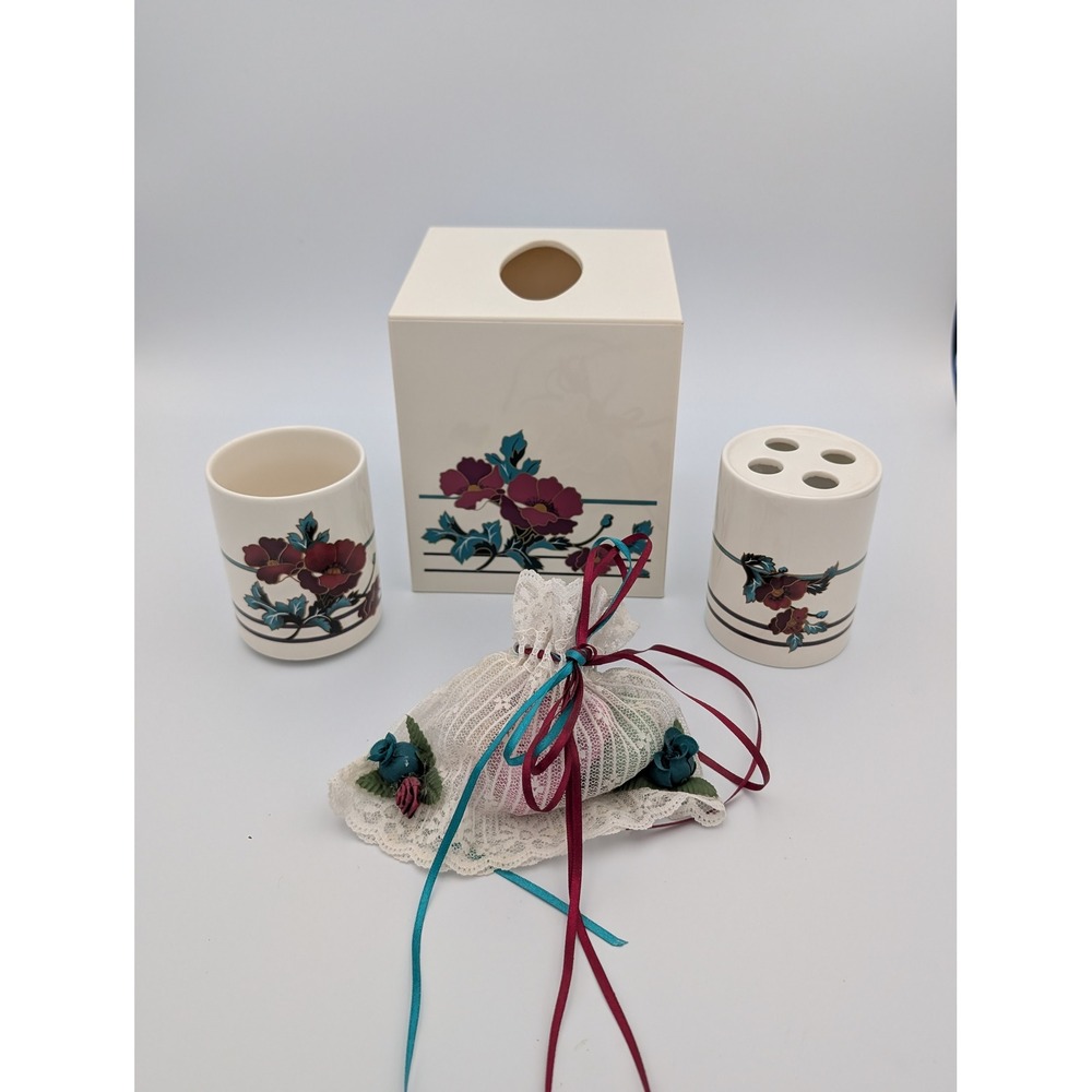 Vintage Springs Jolene Floral Bathroom Set Tissue Box Cup Holder Sachet 4 Pc